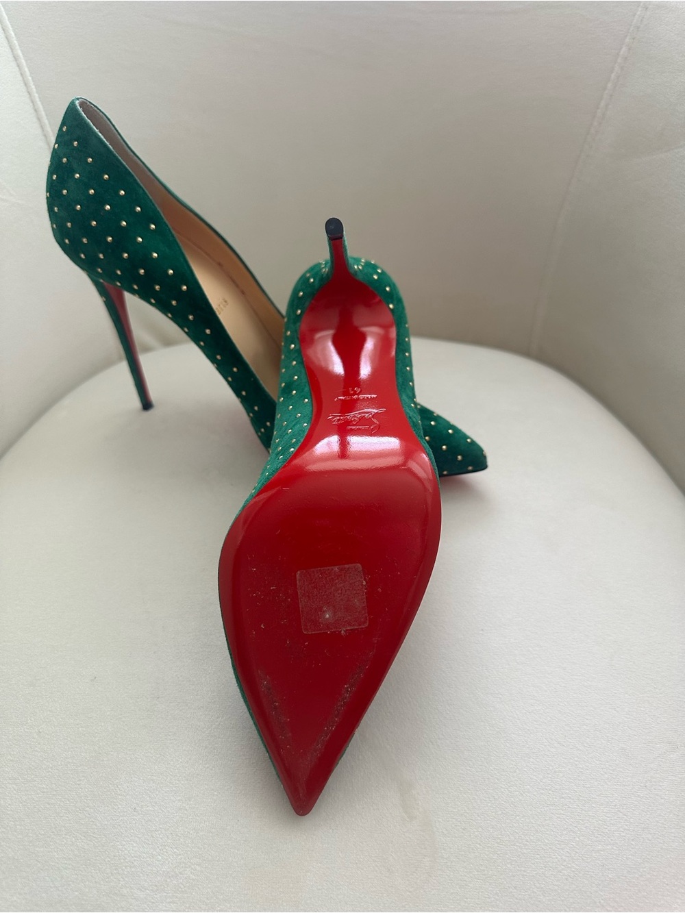 Christian Louboutin Emerald Green Suede Studded Pointed Pumps - Picture 3 of 4